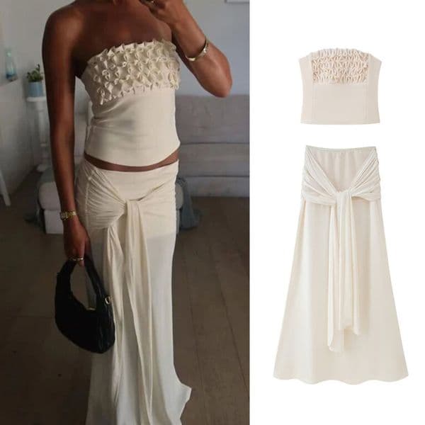 PRINTKAOIR Sexy Flower Crop Top Midi Skirt Sets Women Beach Slim Sleeveless Chest Wrap Vest Intersect Skirts Female Suit 250924BJ