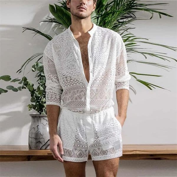 Mens clothing fashion set mens 2-piece clothing set hollow sexy lace short sleeved casual T-shirt summer solid color 250318