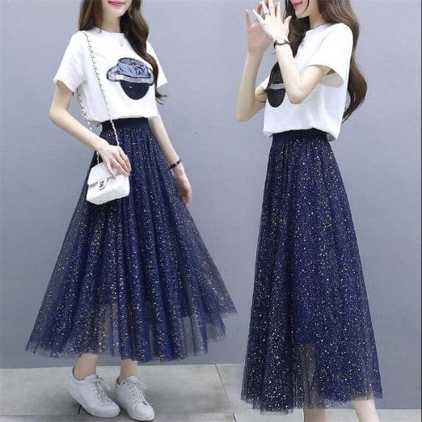 2 Piece Set Women Shiny Mesh Skirts Planet T Shirt Suit Summer Short Sleeve Tops Long Skirt Two Piece Set Ladies Outfits T200603