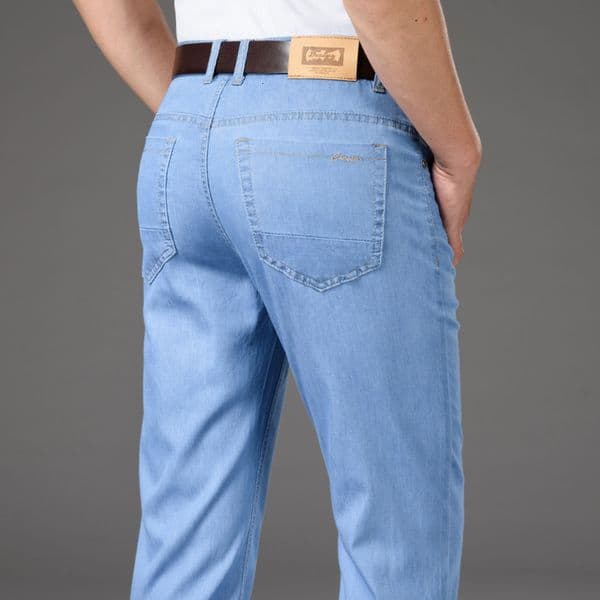 Men's Jeans Summer Clothing Straight Stretch Denim Pants High Waist Fit Retro Light Blue Jeans Lightweight Denim Trousers Male 210518