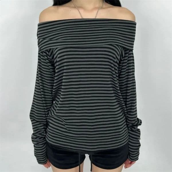ChicAutumnVintage Striped Off-Shoulder Long Sleeve T-Shirt Slimming Top For Women Versatile Smooth Slim Fit Casual Wear 250121
