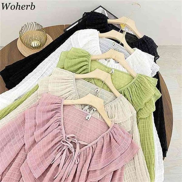Ruffles Women Blouse Peter Pan Collar Vintage Long Sleeve Solid Korean Blusas Mujer Summer Loose Shirts Elegant Tops 210519
