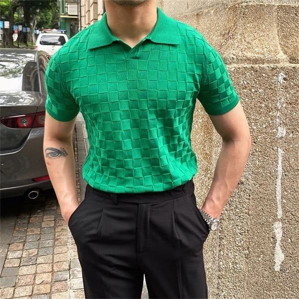 Summer Plaid Knitted Polo Shirts Men Short Sleeve V-Neck Knitted Lapel Tee Tops Elasticity Slim Casual Business Social Polo 240530