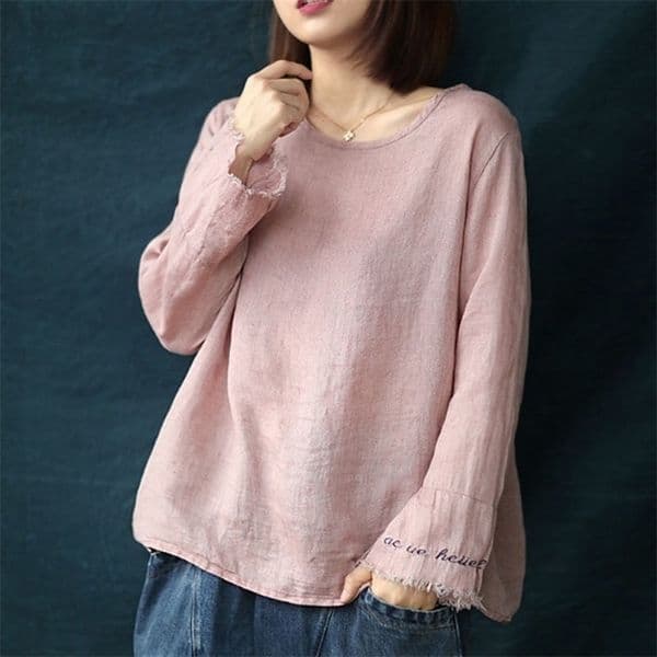 Johnature Spring New Letter Embroidery Oneck Long Sleeve Cotton Linen Tshirt Leisure Solid Color Allmatch Women Tops T200512