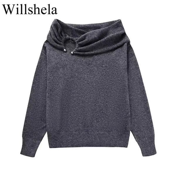 Women's Sweaters Willshela Women Fashion Grey Pleated Knitted Pullover Sweater Vintage O-Neck Long Sleeves Female Chic Lady Tops 231214