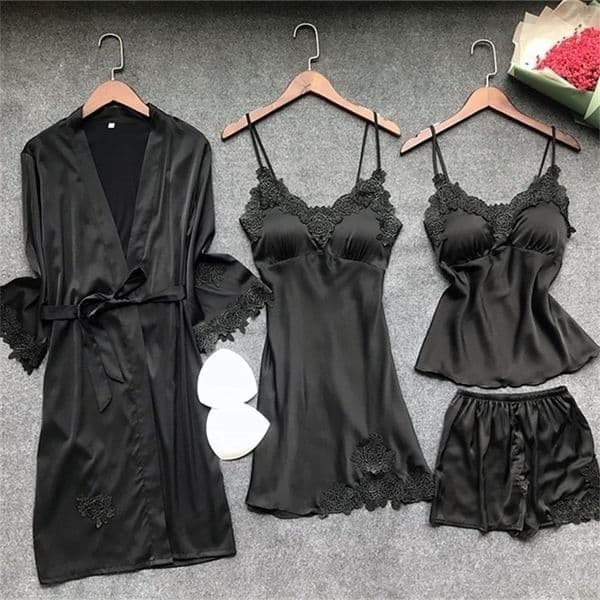 Lisacmvpnel 4 Pcs Ice Silk Pajama Set With Pad NightgownCardiganShort Set Lace Sexy Pyjama For Women 201106