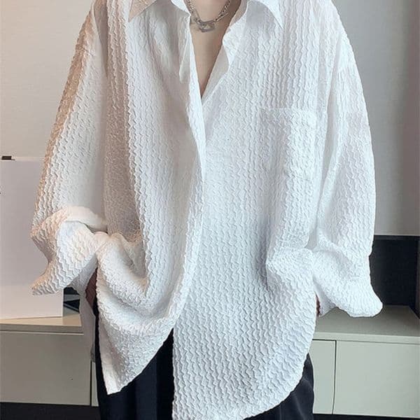 Men's Casual Shirts Gmiixder Long-sleeved Shirt Men's Summer Trend White Button Up Blouse Men Hong Kong Style Handsome Jacket Wave Texture Niche Top 230420