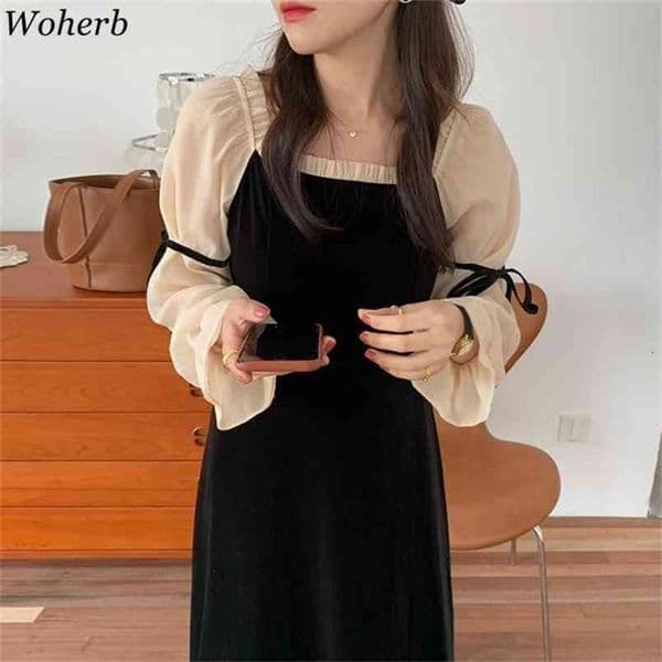 Wohern Sweet Ruffles Dress Square Collar Lace Up Maxi Dresses Women Puff Sleeve Elegant Robe Korean Velvet Woman 210519