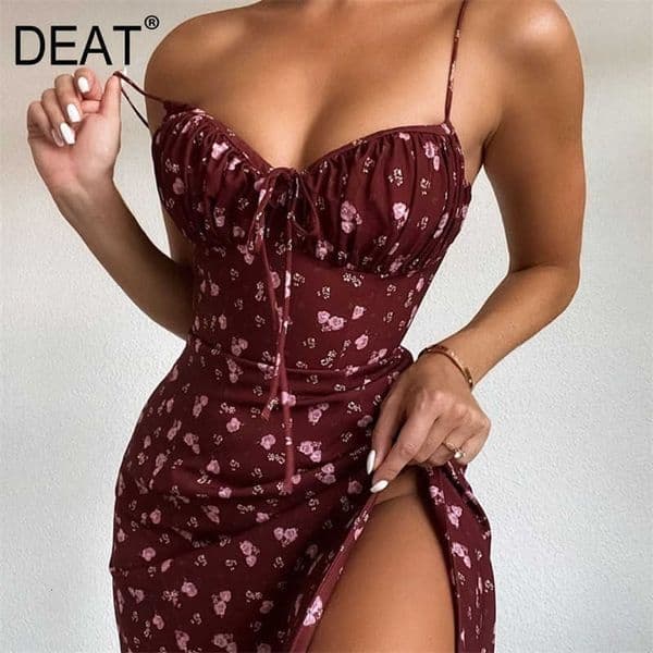 DEAT Women Slim Dress Fashion Spring Summer Ladies Flower Print Sleeveless Sexy Dress HR484 210709