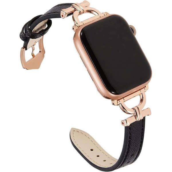 Osber Genuine Band Compatible Apple Watch Women 38mm 40mm 41mm 42mm2024 series 10, Designer Slim Leather Strap with D-Shape Gold Metal Buckle for iWatch Series