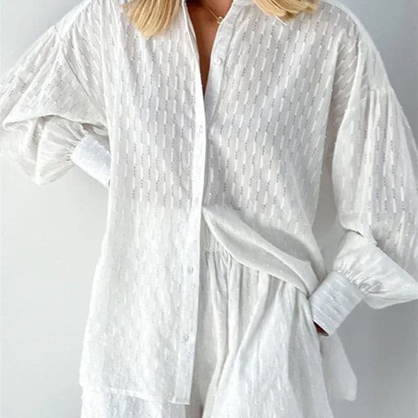 Casual Jacquard Shorts Set Womens Summer Loose Long Sleeve Shirt 2-piece Set Hawaiian Style Shorts 2-piece Set 250418