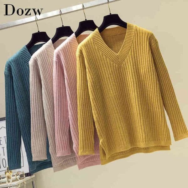 Fashion V Neck Sweater Women Winter Casual Knitted Pullover Autumn Top Solid Long Sleeve Cashmere Jumper Pull Femme 210414