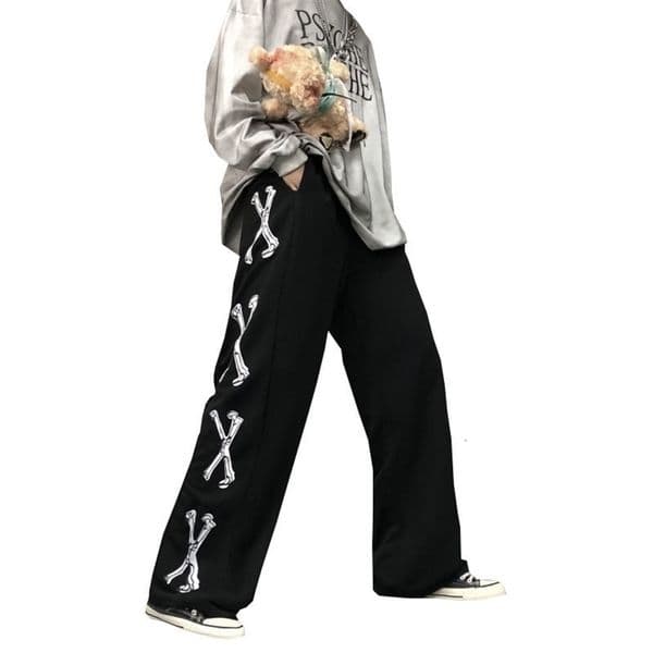 Streetwear Straight Pants Women Bones Print Casual Elastic Waist Pants High Waist Lady Mujer Trousers for Women Korean Style T200422
