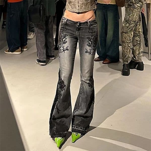 Rockmore Streetwear Womens Low Rise Flash Jeans Y2K Aesthetic Printed Jeans Retro Washed Denim Trouser Grunge Fairycore 250422