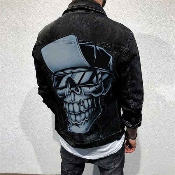Fashion Skull Print Denim Jacket Men Autumn Long Sleeve Slim Jean Coats Mens Streetwear Y2K Outerwear Breasted Collar Denim Coat 240408
