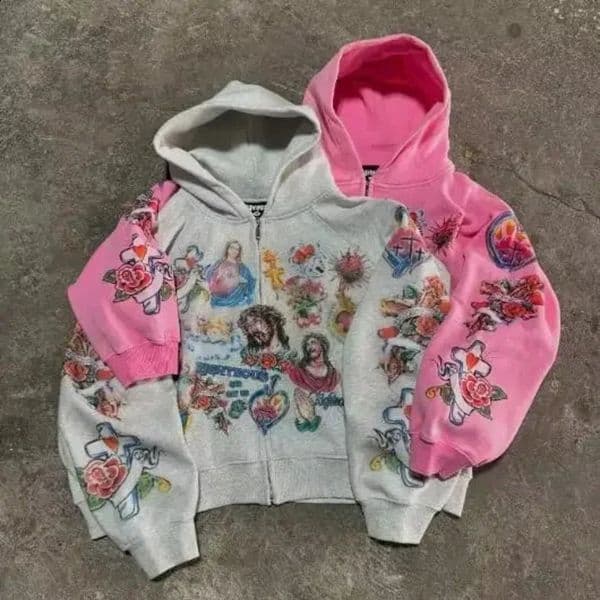 American retro mens and womens couple hooded sweater with skull lazy print long sleeved zipper 240911