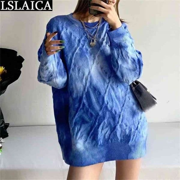 Sweater Women Round Neck Casual Loose Comfortable Fashion Tops Gradient Color Pullover Long Sleeve Sale 210515