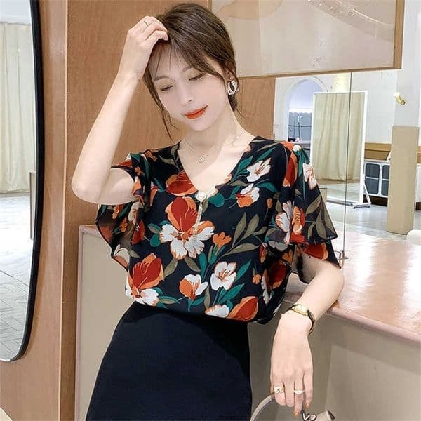 Summer Korean Chiffon Women Blouses Office Lady Short Sleeve Shirt Fashion Shirts Plus Size XXL Blusas Femininas Elegante 210531
