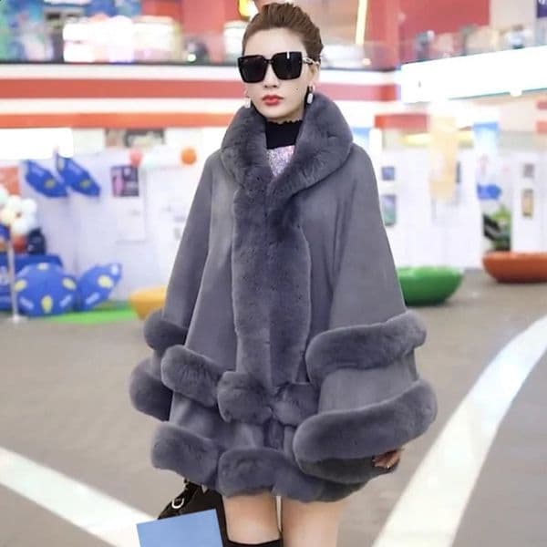 Double Layer y d Rex Rabbit Fur Cape Coat Hooded Shawl Winter Women Knit Poncho Overcoat Faux Wraps Big 241120