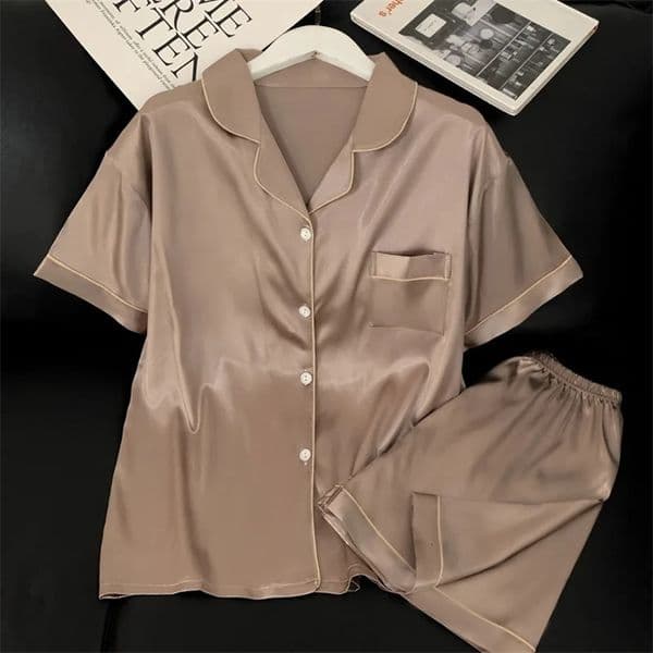 Women Pajamas Sets Thin Pyjama Female Sleepwear Elegant Ladies Faux Silk Lapel Pajama Sets Short Sleeve Shorts Pijamas 241120