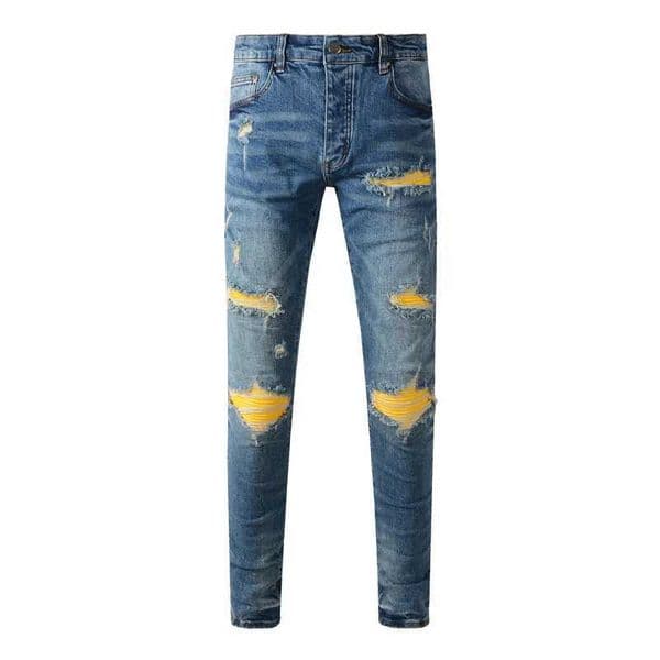 Y2KDesigner fashion new mens washed blue nostalgic stretch slim fit yellow patch jeans high strt highquty pants hom 26L0507