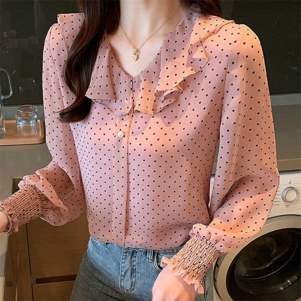 Korean Chiffon Women Blouses Shirts Woman Polka Dot Blouse Long Sleeve OL Tops Plus Size Blusas Mujer De Moda 210531
