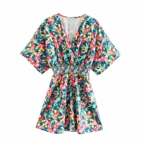 New women vintage v neck colorful flower print elastic waist mini dress female batwing sleeve vestidos party dresses DS3716 T200603