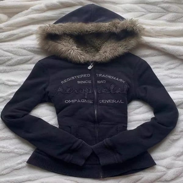 Vintage Fur Patchwork Hoodies Autumn Winter Grunge Zipper Hooded Coats Slim Fashion Y2k Letter Print Sweatshirt Jackets 250924