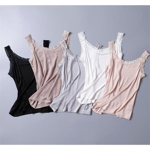 Camisoles Tanks 100% Silk Knit Lace Camisole Tank Top Vest Shirt Sleepwear Spaghetti Strap TG312 230413