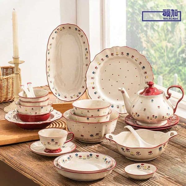 SOLECASA Ceramic Tableware Pastoral Style Rice Soup Bowl Fruit Salad Bowl Dish Pasta Dessert Plate Dinnerware Table DecorationXJ250924