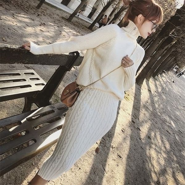 Twist Knitted 2 Piece Set Women Long Sleeve Turtleneck Pullover Sweater Split Pencil Skirt Set Lady Runway Knitting Skirt Suit