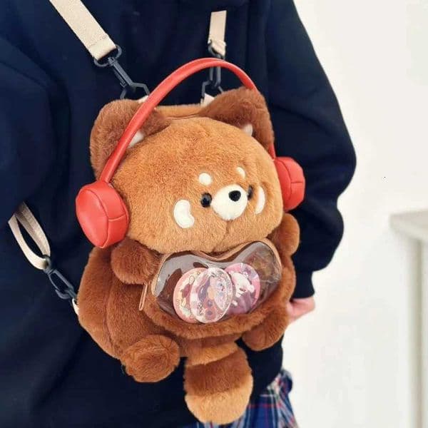 Cute Plush Red Panda Backpack Large Capacity Soft Fashion Shoulder Bag Kawaii Fluffy Wear Headphones Animal Bag Woman Girl Gift Z250924