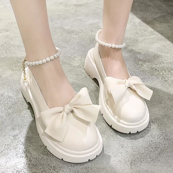 Fashion Mary Jane Shoes Women Springsummer Pearl Bow Single Shoe Chunky Heel Small Leather Shoes 250924BJ
