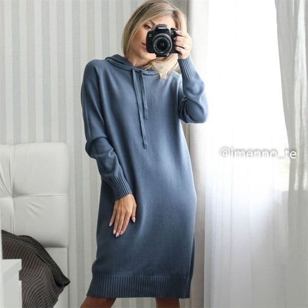 GIGOGOU Hooded Women Long Knit Sweater Dress Autumn Winter Warm Straight Dress Loose Casual Pullover Tunic Dresses Femme Pull 211206