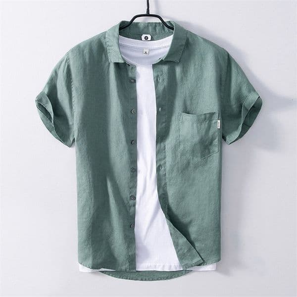 Men's Casual Shirts Short Sleeved Shirt for Men Summer New 100% Pure Linen Tops Male Casual Turn-down Collar Clothing Solid Color Pocket Decoration 230420
