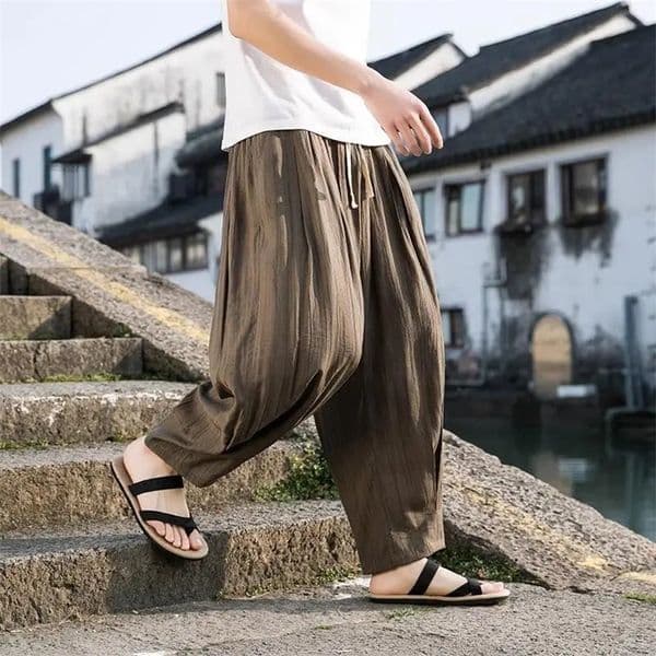 Home>Products>Linen Trousers>Chinese style linen Trousers>Summer solid color elastic drawstring patch work bag>Retro loose casual wide leg pants 241219