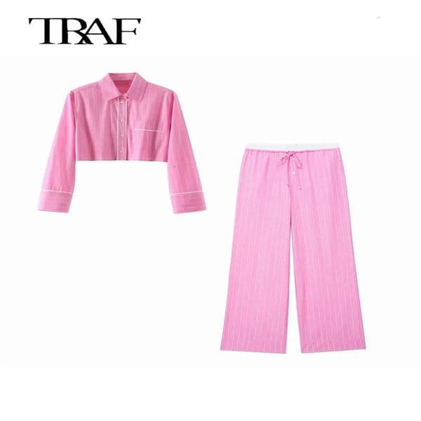 TRAF Suit Two Piece Set Women outfit Striped Pajama Style Pants Sets Fashion Pink Loose Shirt Top sets Womens 240627