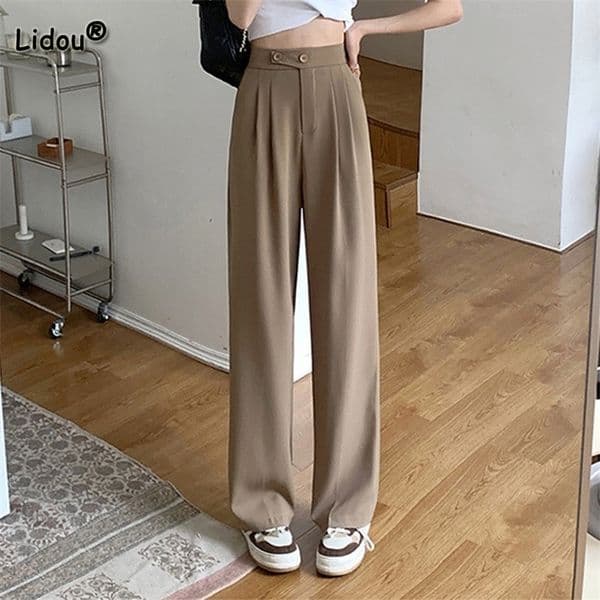 Women's Pants Capris Fashion Pockets Solid Drape Suit Pants Spring Summer Korean Button High Waist Loose Wide Leg Mopping Trousers Trend Women 230321