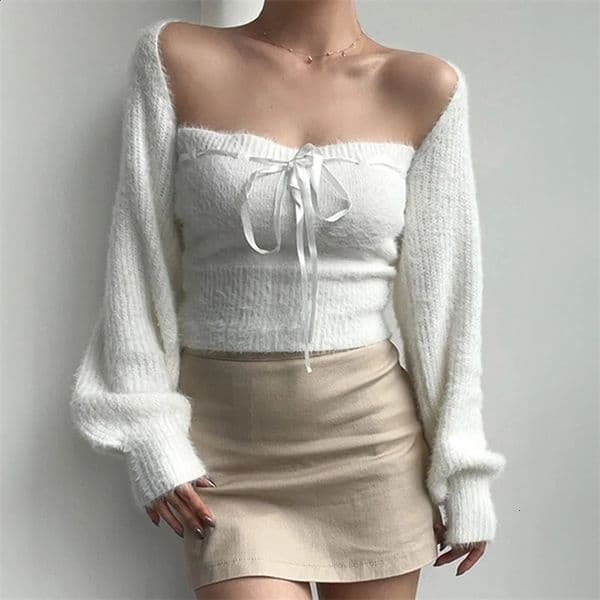 Fuzzy Knitted Bolero Cardigan Set Tube Top with Bow Long Sleeve Open Front Cropped Shrug Sweater Women Teengirl Acubi Y2K Outfit 250122