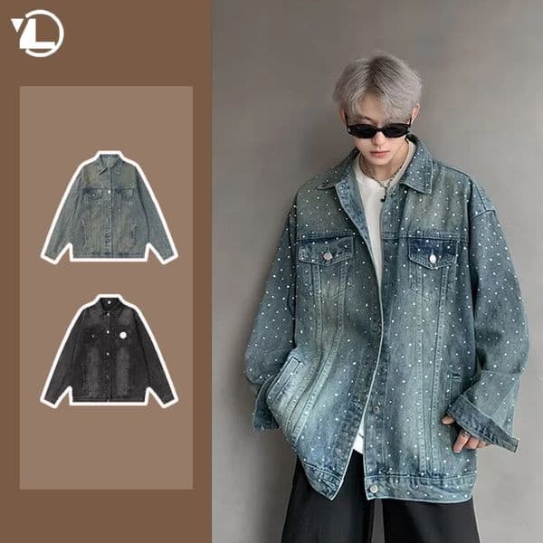 American Trendy Denim Jacket Mens Make Old Flash Diamond Fashion Outwear Spring Singlebreasted Street Couple Cowboy Coats 250917Z