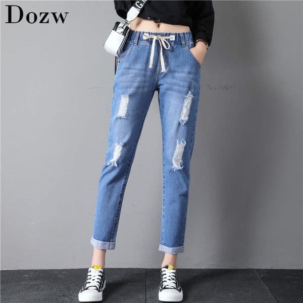 Women Jeans Pants Ankle Length Harem Trousers Waist Drawstring Tassel Ripped Denim Pants Distresses Jeans 210414