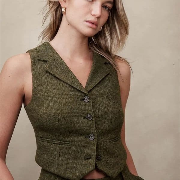 Womens Suit Vest Herringbone Tweed Waistcoat 2000s Top Notched Collar 4 Button Ladies Retro Jackets Clothing 240704