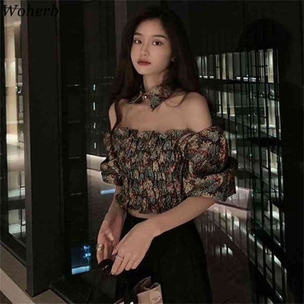 Fashion Women Blouse Lady Loose Off Shoulder Floral Printed Tops Casual Short Sleeve Shirt Summer Halter Top Blusa 210519