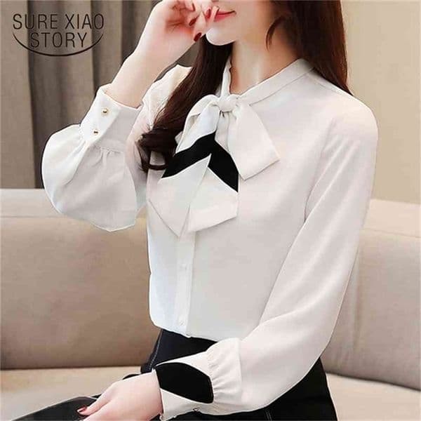 fashion womens blouses white chiffon shirt bow collar office women tops female long sleeve shirts 2687 50 210506