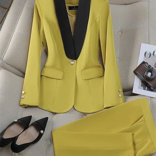 Office Ladies Pant Suit Women Yellow Red Purple Apricot Female Business Work Wear Jacket Blazer and Trouser Formal 2 Piece Set 250420