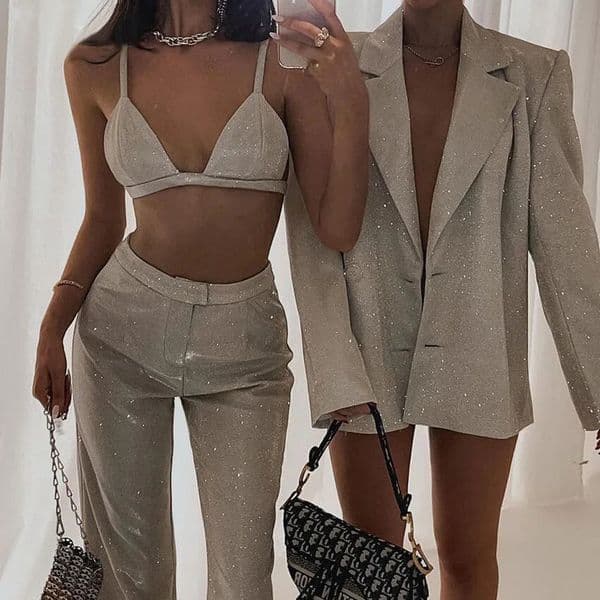 Sexy Glitter Sleeveless Crop Top Bra 3 Piece Pants Suit Summer Blazer High Waist Set Bodycon Straight Trouser Suits 860 240428