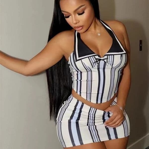 CM.YAYA Fashion Sporty Womens Set Mini Skirt and Sleeveless Striped Top Autumn Street Sext Girl Two 2 Piece Dress Sets Outfits 250226