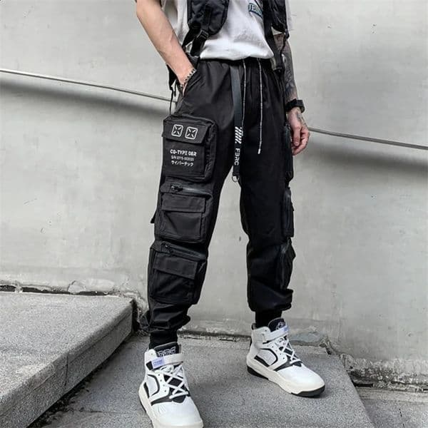 Techwear Style Multi Pockets Cargo Pants Man Vintage Punk Hip Hop Pants Ribbon Casual Joggers Streetwear 240716