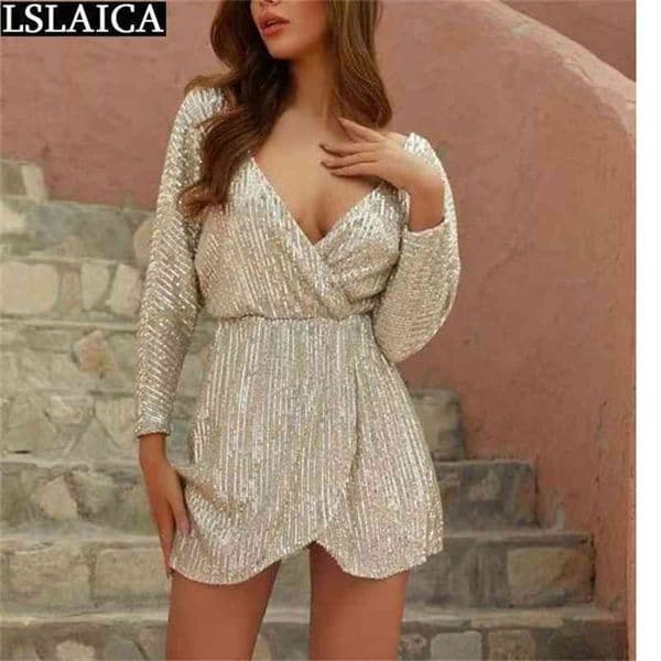 Sequin Dress Slim Sexy Clubwear Fashion Sale for Women Long Sleeves Elegant Party Evening V Neck Vestiti Donna 210515