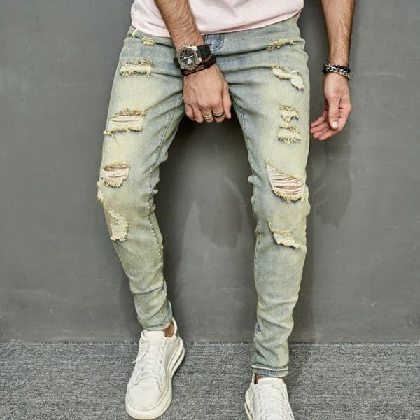 Spring Men Vintage Ripped Skinny Pencil Jeans Pants Hip Hop Stylish Holes Male High Street Slim Casual Denim Trousers 240423